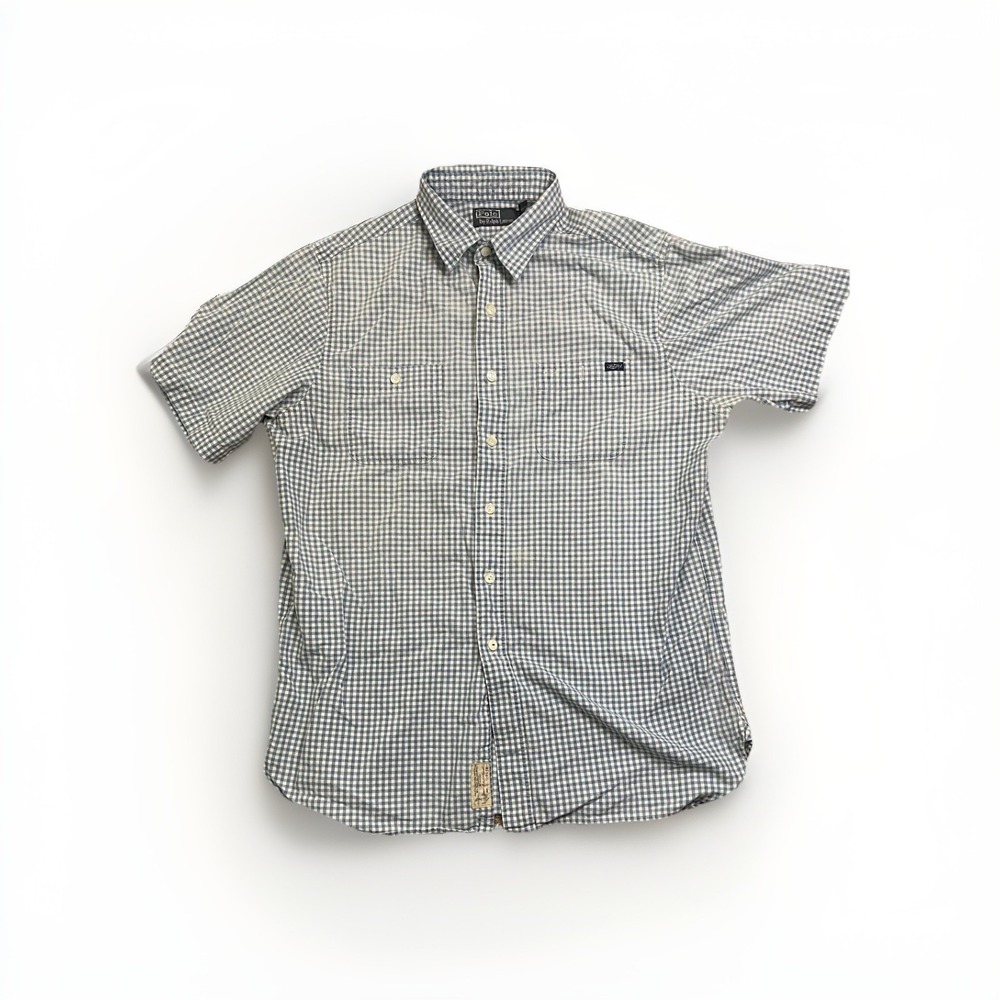 VTG Polo Ralph Lauren Gingham Check Short Sleeve Button-Down Shirt L Blue White